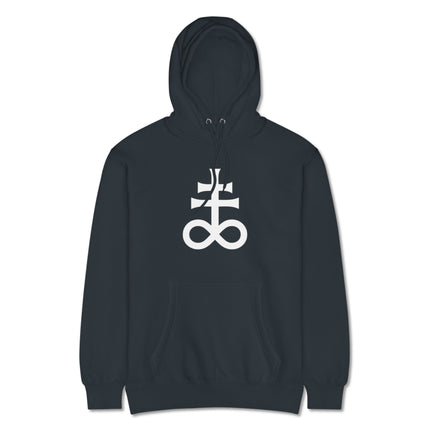 Black hoodie featuring a Leviathan Cross and alchemical Sulfur symbol graphic print.