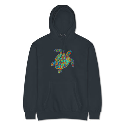 Tribal Huichol sea turtle graphic pullover fleece hoodie featuring vibrant cultural artwork.