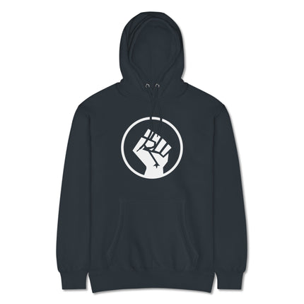 Socialist raised fist symbol pullover hoodie for protest activism apparel.