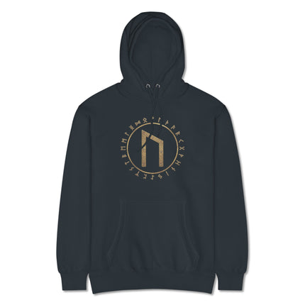 Uruz Rune gold pullover hoodie featuring Norse Viking Elder Futhark mythology symbols.