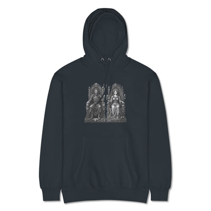 Hades and Persephone throne graphic on a mythological king queen hoodie design.
