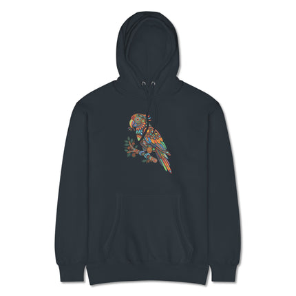 Bohemian Huichol parrot spirit animal art hoodie with mandala bird design.