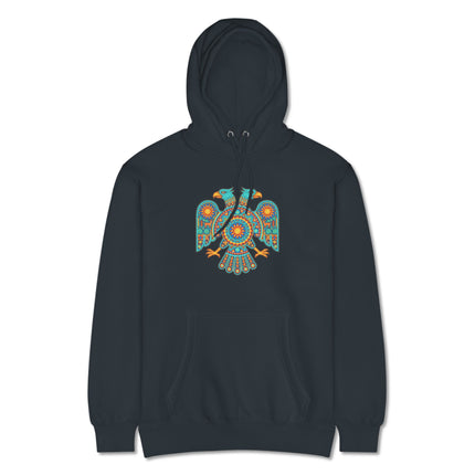 Two-headed eagle Huichol art pullover hoodie featuring vibrant Mexican folk patterns.