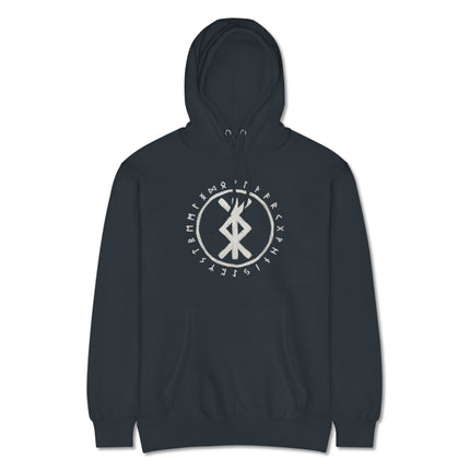 Norse Viking Futhark runes hoodie featuring protective bind symbols and ancient runic designs.