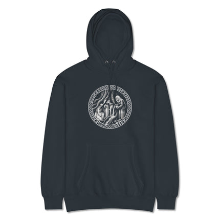 Norse mythology Norns and Yggdrasil fate weavers graphic on a unisex pullover hoodie.