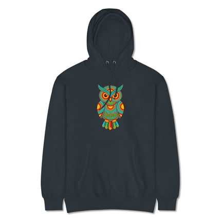 Vibrant Huichol owl graphic hoodie featuring Mexican tribal folk art print on fleece.