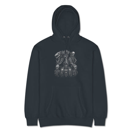Norse Goddess Hel Queen graphic hoodie featuring skulls, dragon, and underworld throne imagery.
