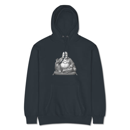 Zen laughing Buddha Hotei spiritual graphic printed on comfortable pullover hoodie.