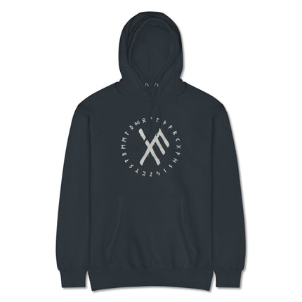 Black pullover hoodie featuring Norse Viking runes and Elder Futhark symbols design.