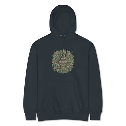 Green Man nature spirit illustration on a unisex pullover hoodie, featuring folklore mythology design.