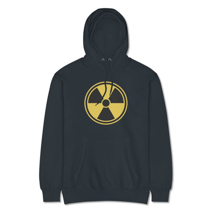 Radioactive symbol black hoodie with nuclear hazard warning print and pullover style.