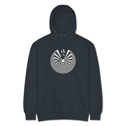 Tohono O'odham Man in the Maze symbol pullover hoodie featuring cultural art design.