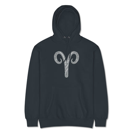 Aries zodiac tribal hoodie featuring Polynesian astrology symbols and celestial designs.