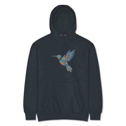 Colorful Huichol hummingbird graphic on an indigenous art pullover hoodie design.