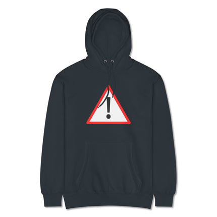 Exclamation mark warning sign red triangle hazard pullover hoodie graphic print.