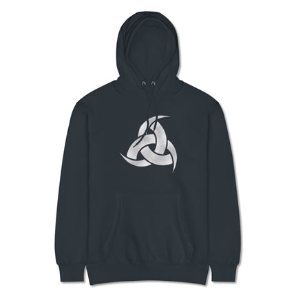 Norse mythology triple horn of Odin graphic pullover hoodie design featuring Viking symbols.