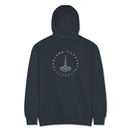 Viking Mjolnir hammer runic pattern pullover fleece hoodie featuring Norse mythology art.