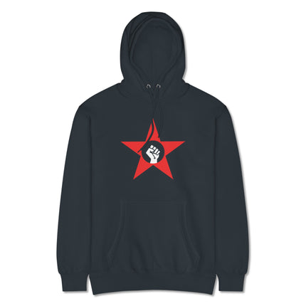 Red Star socialist fist graphic printed on black pullover hoodie for protest wear.
