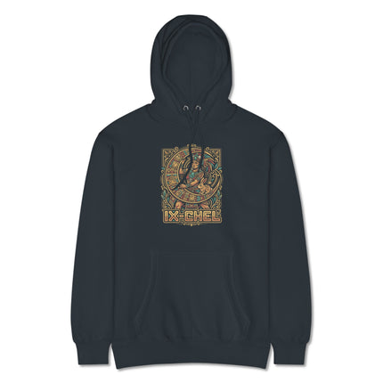 Ixchel Mayan Goddess graphic print on hoodie, featuring ancient Mesoamerican art style.
