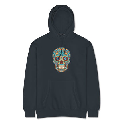 Colorful Huichol sugar skull pattern on a Day of the Dead pullover hoodie.