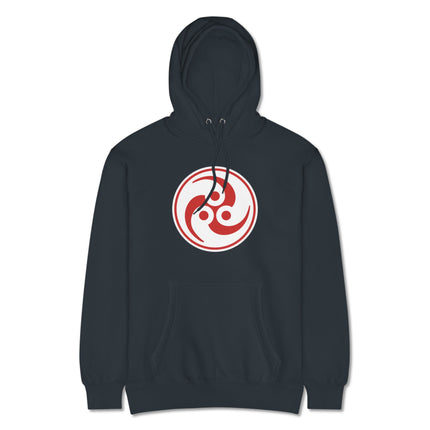 Shinto Tomoe Mitsudomoe symbol pullover hoodie design for unisex wear.