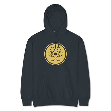Atomic model science graphic hoodie featuring atom symbols for physics enthusiasts.