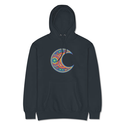Colorful Huichol Moon Hoodie featuring vibrant indigenous art and crescent design print.