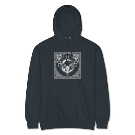 Occult stag skull art hoodie featuring antlers, a crescent moon, and nature woodland motifs.