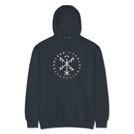 Norse rune pullover hoodie featuring the Success Bind symbol and Elder Futhark Viking symbols.