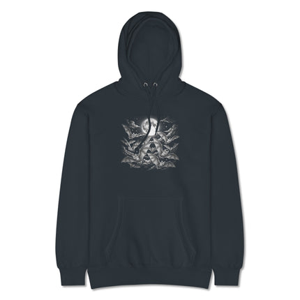Gothic full moon hoodie featuring flying bats and detailed night sky graphic print.