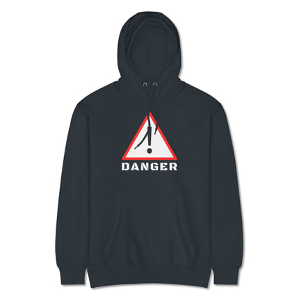 DANGER warning sign graphic pullover hoodie with bold exclamation mark print.