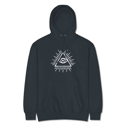 Black pullover hoodie featuring the Eye of Providence all-seeing eye pyramid symbol design.