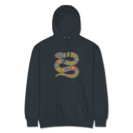 Colorful Huichol snake motif hoodie featuring vibrant indigenous Mexican folk art pullover design.