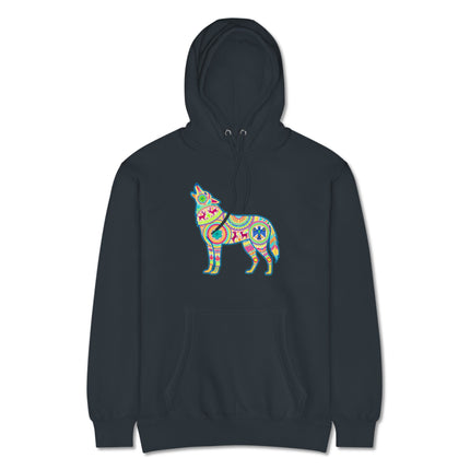 Vibrant Huichol wolf graphic hoodie featuring Mexican folk art patterns.