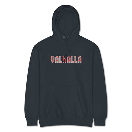Norse mythology Valhalla Viking text print pullover hoodie featuring graphic design on fleece fabric.