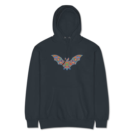 Colorful Huichol bat design hoodie featuring vibrant traditional Mexican indigenous folk art patterns.