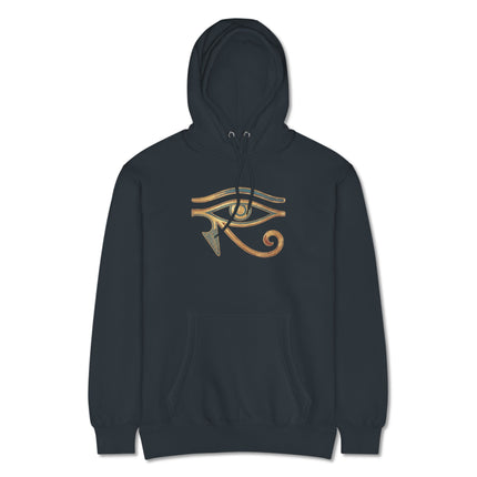 Gold and blue Eye of Horus symbol on a pullover hoodie. Ancient Egyptian Wadjet style print.