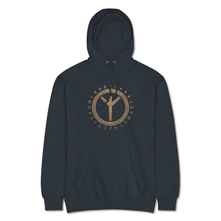Black hoodie displaying the Algiz rune within a protective Norse circle design.