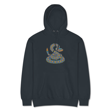 Geometric Huichol rattlesnake pattern hoodie featuring vibrant and colorful folk art designs.