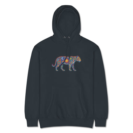 Colorful Huichol jaguar graphic on a pullover fleece hoodie featuring vibrant indigenous folk art.