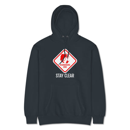 Stay Clear Headbanging Zone rock music graphic pullover hoodie for metal fans.
