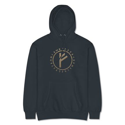 Black hoodie featuring a circular Fehu rune graphic from the Elder Futhark Norse Viking symbol set.