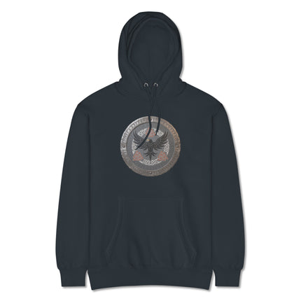 Norse Raven Shield hoodie featuring Viking mythology and detailed runic symbols print.