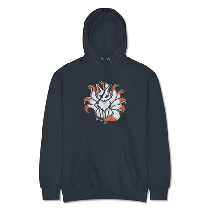 Nine-tailed Kitsune fox mythology hoodie design, featuring japanese spirit art and folklore motifs.