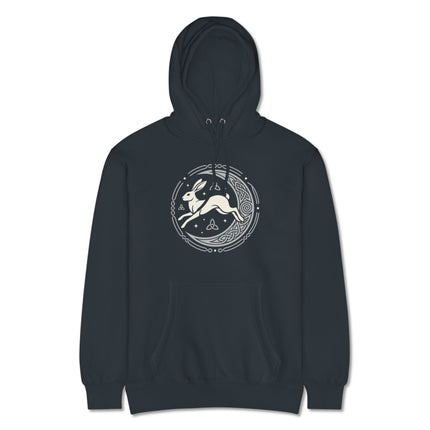 Pagan mythology hoodie featuring a celtic hare and lunar geometric mandala design print.