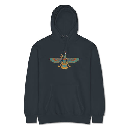 Zoroastrian Faravahar hoodie featuring the ancient winged Ahura Mazda symbol design.