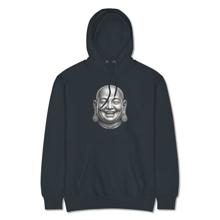 Happy Laughing Buddha head print on a comfortable casual pullover hoodie for zen style.