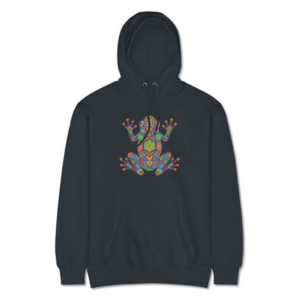 Vibrant Huichol frog graphic pullover fleece featuring traditional Mexican indigenous art.