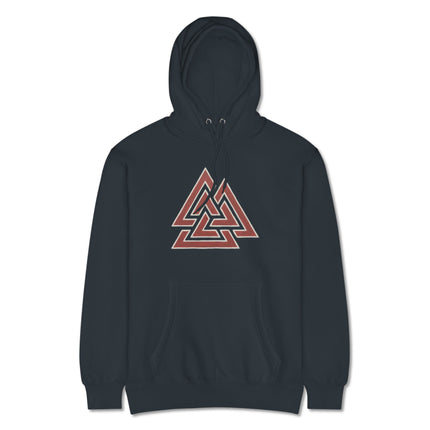 Red Valknut Viking symbol graphic pullover hoodie featuring Norse mythology design.