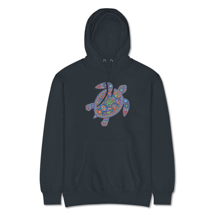 Vibrant Huichol style turtle graphic on a cozy Mexican folk art pullover hoodie.
